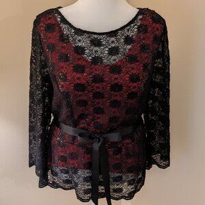 Btu Sage Black Lace & Red Sequin Top - XL - Sheer Lace Holiday Party Blouse